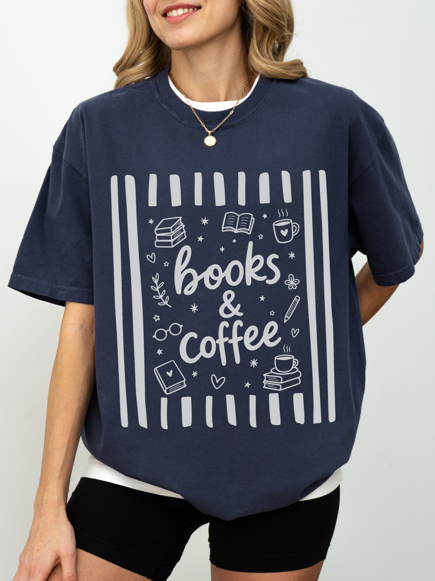navy comfort colors oversized books and coffee shirt featuring book stack coffee cup and reading inspired graphics
