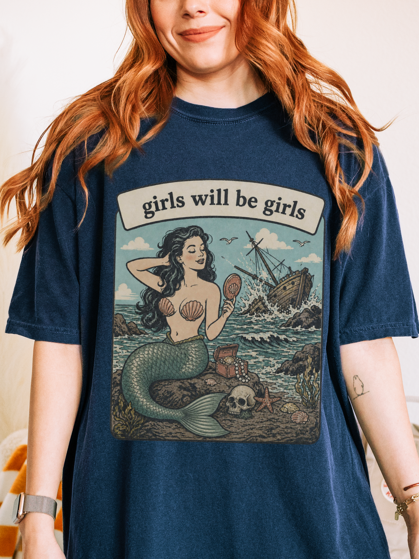 true navy comfort colors mermaid graphic tee with girls will be girls saying pirate ship waves skull and treasure chest