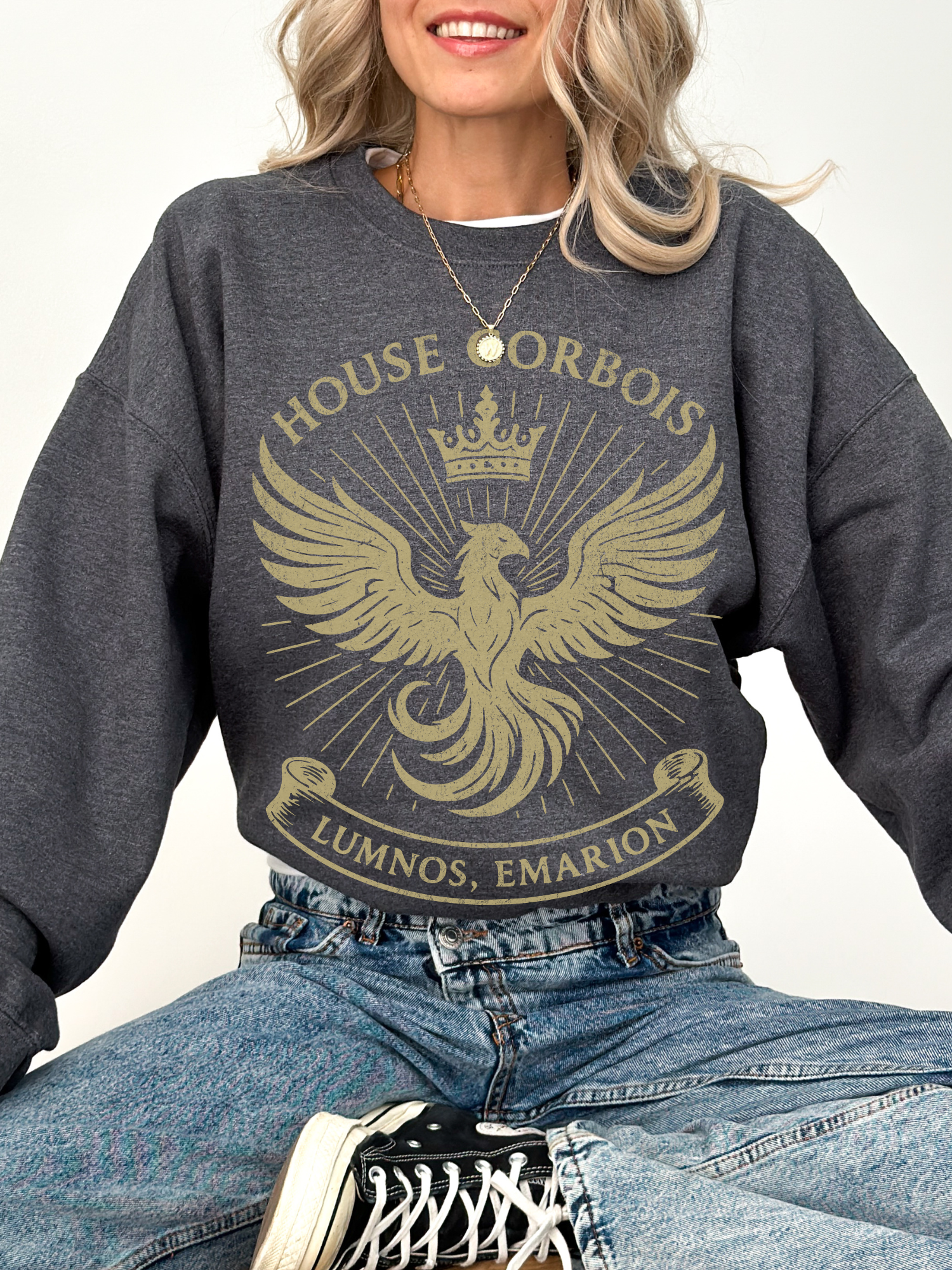 Dark grey fantasy sweatshirt with oversized golden phoenix and regal scroll design