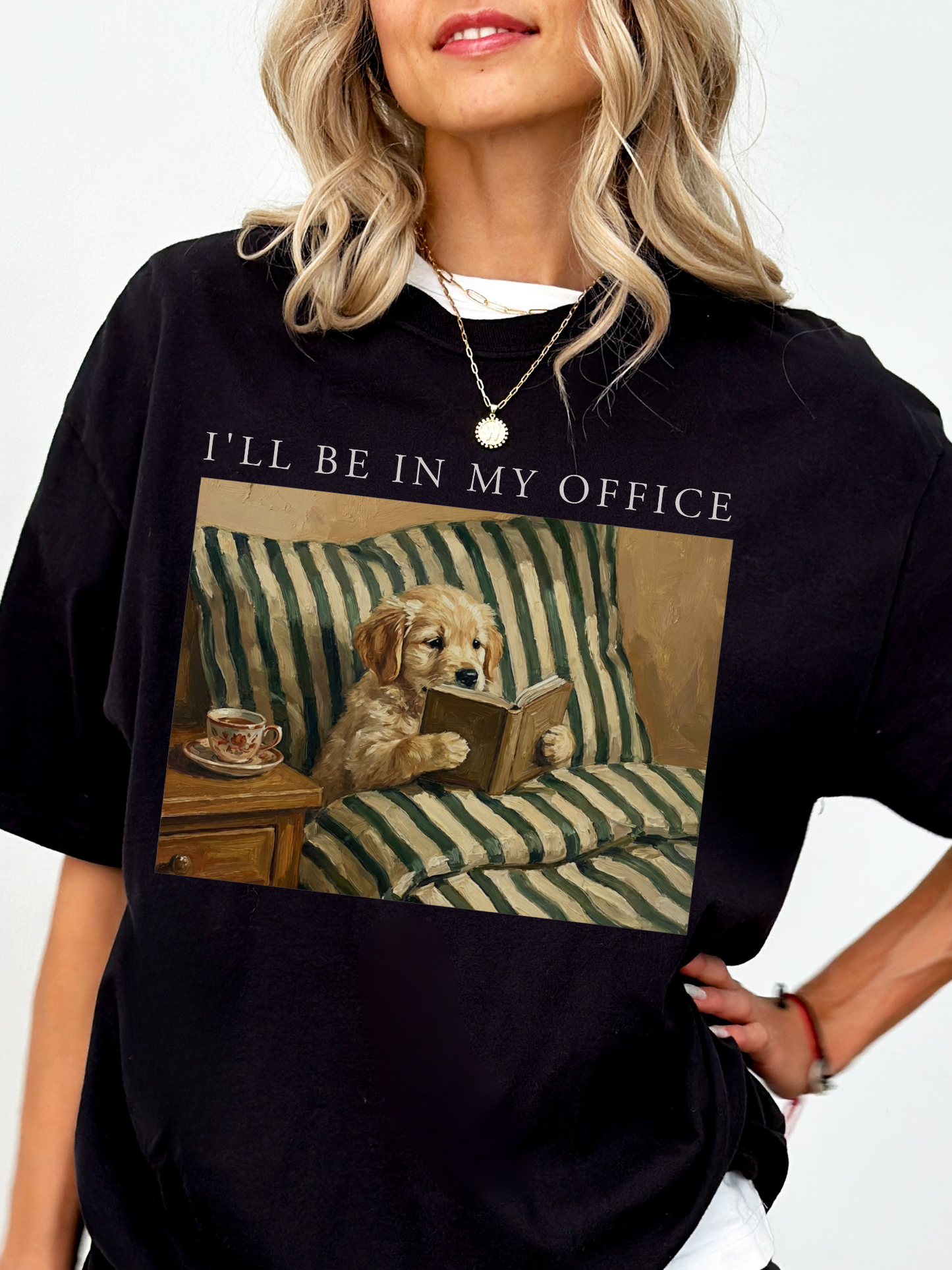 black t shirt on model with vintage dog reading book print and ill be in my office quote cozy book lover outfit casual aesthetic