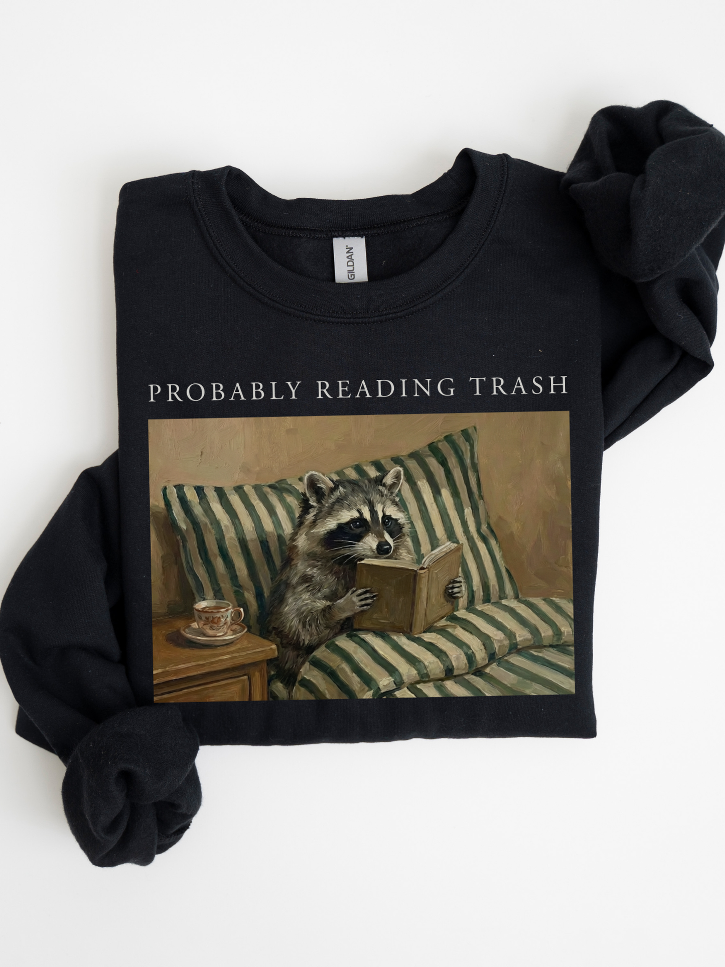 folded black sweatshirt with probably reading trash text and vintage raccoon reading a book on couch illustration cozy book lover aesthetic