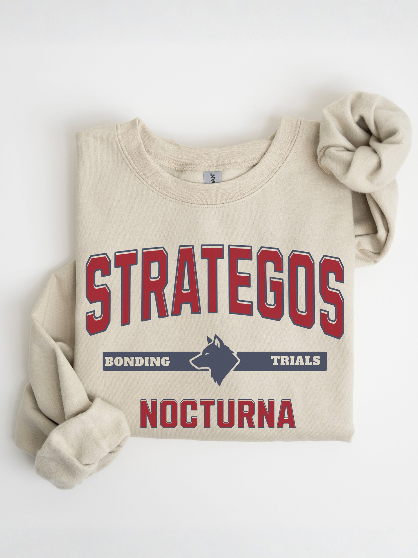 folded sand gildan sweatshirt flat lay featuring Strategos Nocturna bonding trials fantasy academy design