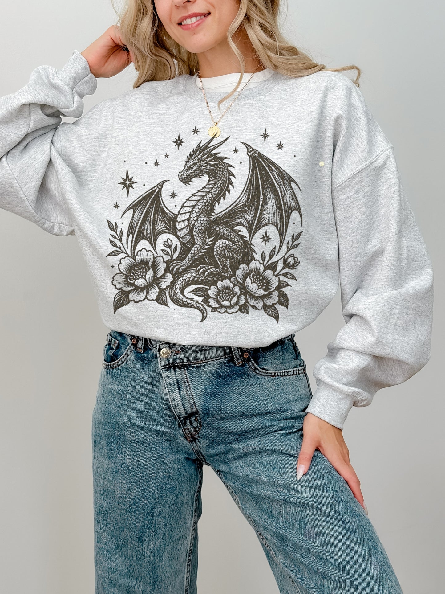 Floral Dragon Print Sweatshirt | Unique Fantasy Gift for Her