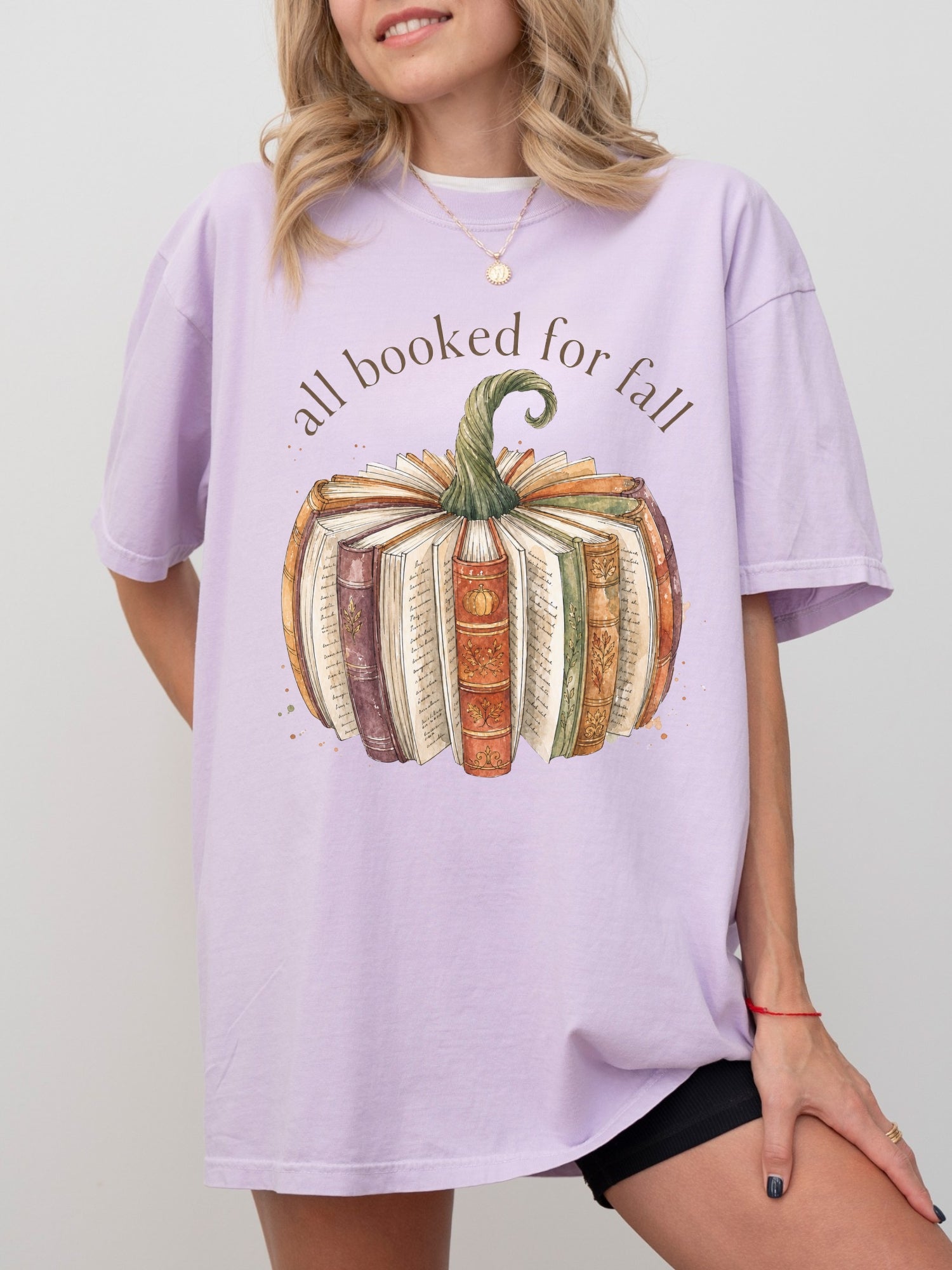 All Booked for Fall book lover Comfort Colors shirt in orchid with watercolor pumpkin made from vintage books