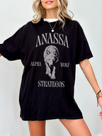 black oversized t shirt featuring Anassa Alpha Wolf Strategos fantasy wolf artwork inspired by romantasy books