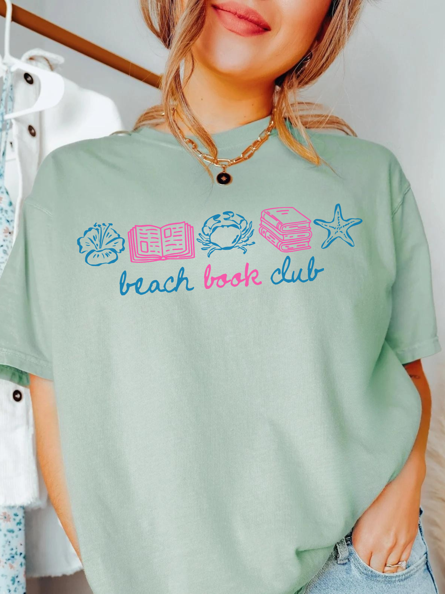 bay comfort colors t shirt featuring beach book club design with seashell open book crab stacked books and starfish graphics in pink and blue
