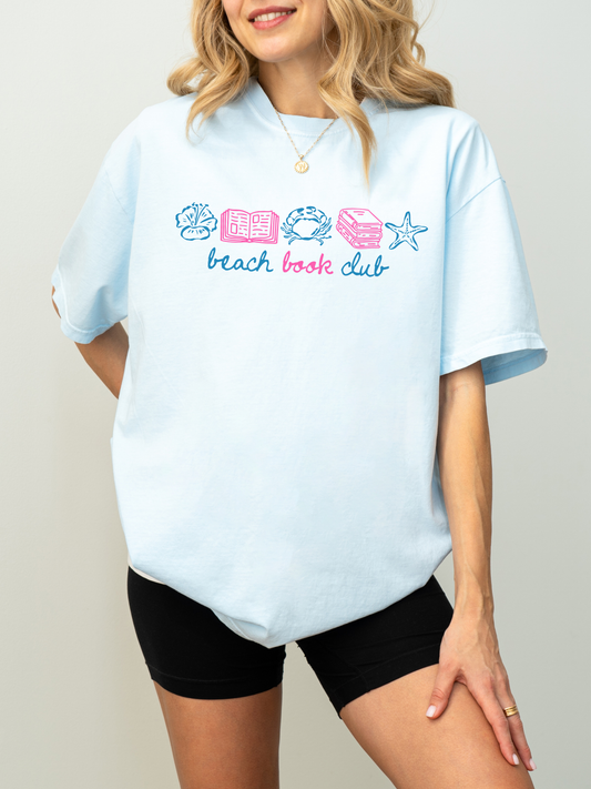chambray comfort colors oversized t shirt with beach book club graphic featuring seashell book crab books and starfish illustrations