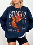 Navy crewneck sweatshirt with vivid red-orange phoenix flame and fantasy-inspired graphic. Model wearing layered white tee underneath, posing confidently.

