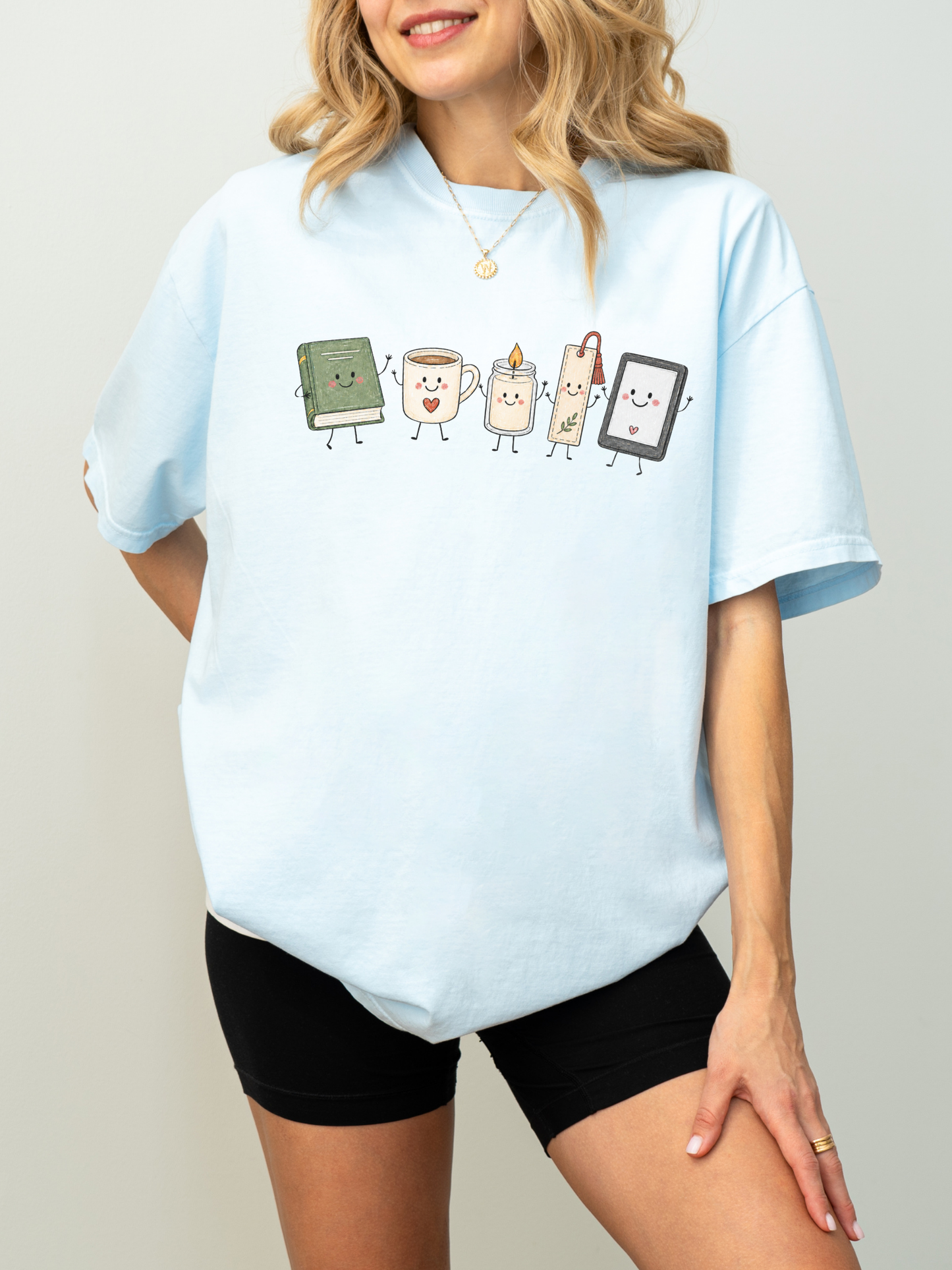Comfort Colors reader shirt with cute book, coffee mug, candle, bookmark and Kindle style e-reader design in Chambray