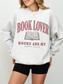 woman wearing an ash grey book lover sweatshirt with Books Are My Happy Place vintage reading design