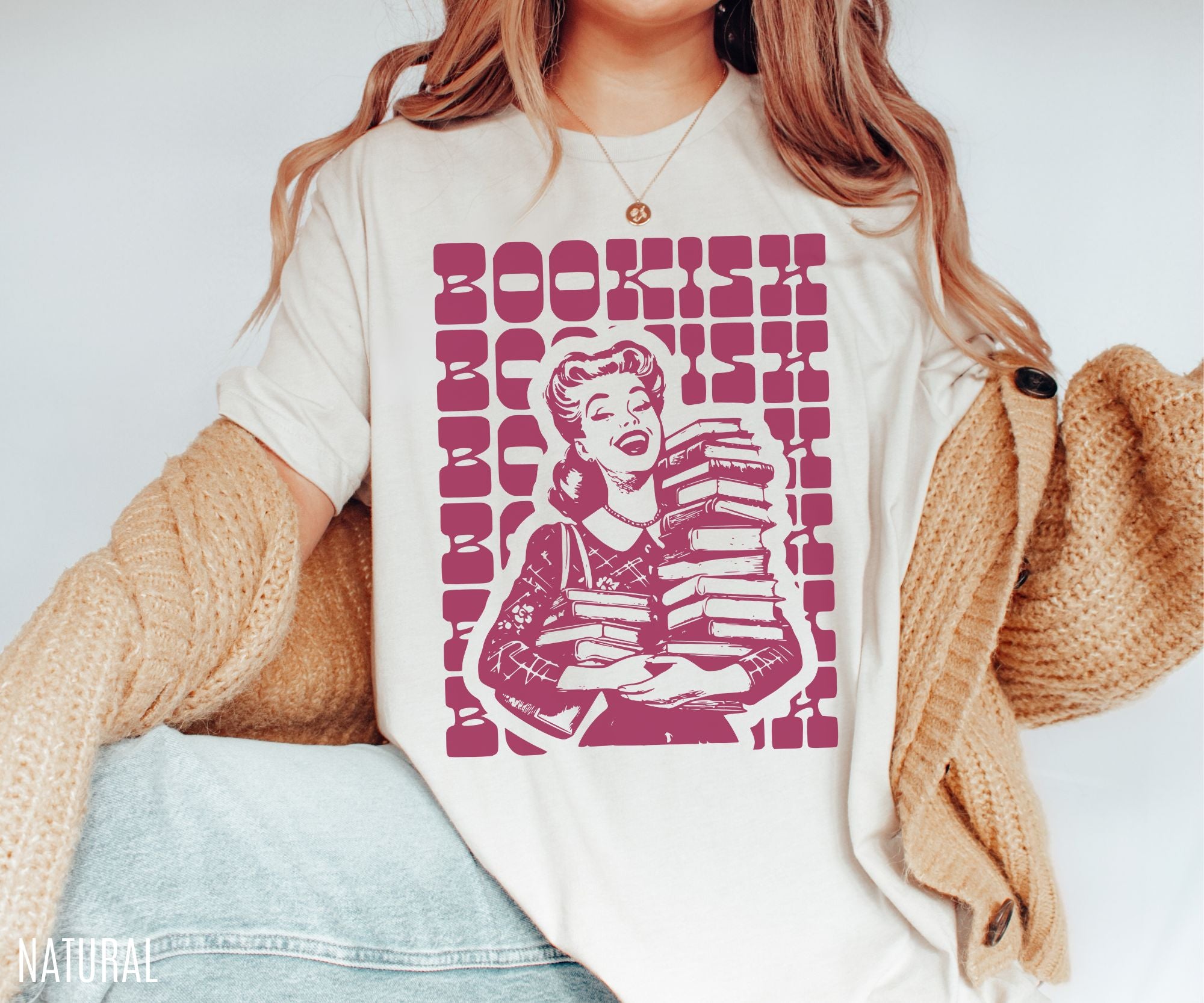 woman in natural bookish retro girl shirt featuring vintage pink book stack graphic