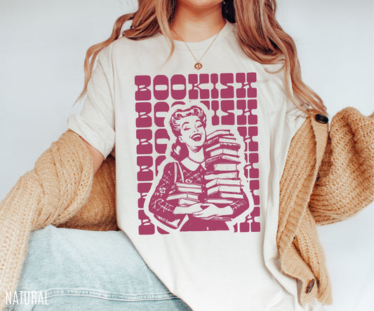 woman in natural bookish retro girl shirt featuring vintage pink book stack graphic