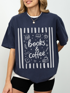 navy comfort colors oversized books and coffee shirt featuring book stack coffee cup and reading inspired graphics