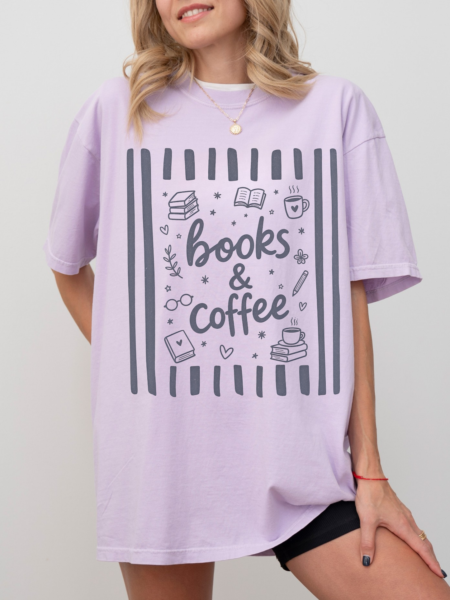 orchid comfort colors oversized books and coffee graphic tee with cozy reader themed doodle design