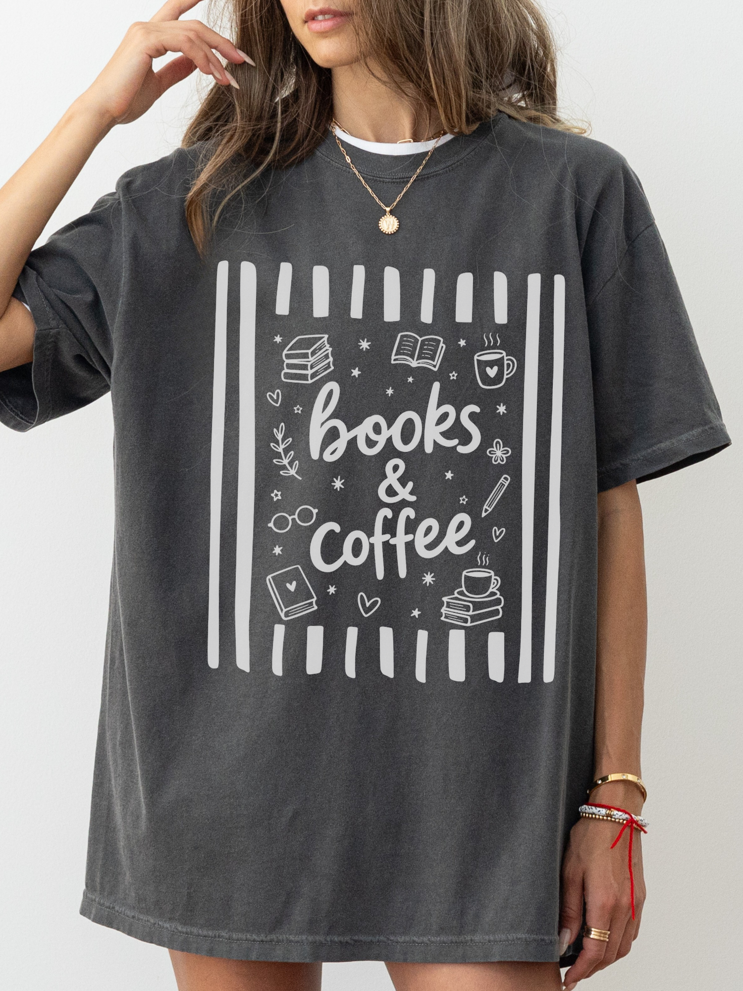 pepper comfort colors books and coffee t shirt with minimalist reader graphic coffee cup books and glasses illustration