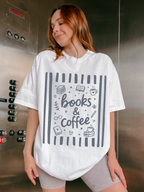 white comfort colors books and coffee graphic shirt with cozy reading themed doodles and coffee lover design
