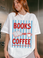 woman wearing oversized white books and coffee graphic t shirt with bold red lettering open book and coffee cup design in casual outfit