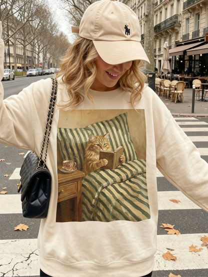 Sand sweatshirt with a cozy cat reading in bed illustration, worn by a model outdoors on a city street with fall leaves and cafe seating in the background. Styled with a baseball cap and shoulder bag, creating a casual book lover outfit perfect for readers who love cozy, aesthetic apparel.