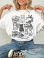 woman sitting cross-legged wearing a white t-shirt with vintage sketch-style kittens and cats sitting on books, cozy aesthetic for book lovers and cat fans