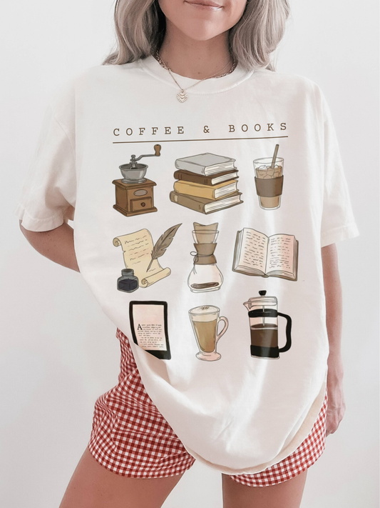 woman in Ivory oversized book and coffee shirt featuring vintage sketch-style art