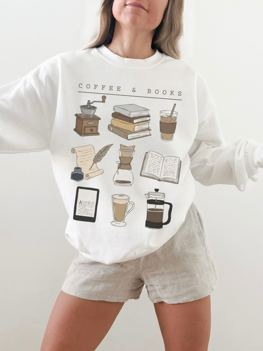 woman in white crewneck with coffee and book design showing open book, latte, ink and paper scroll graphics