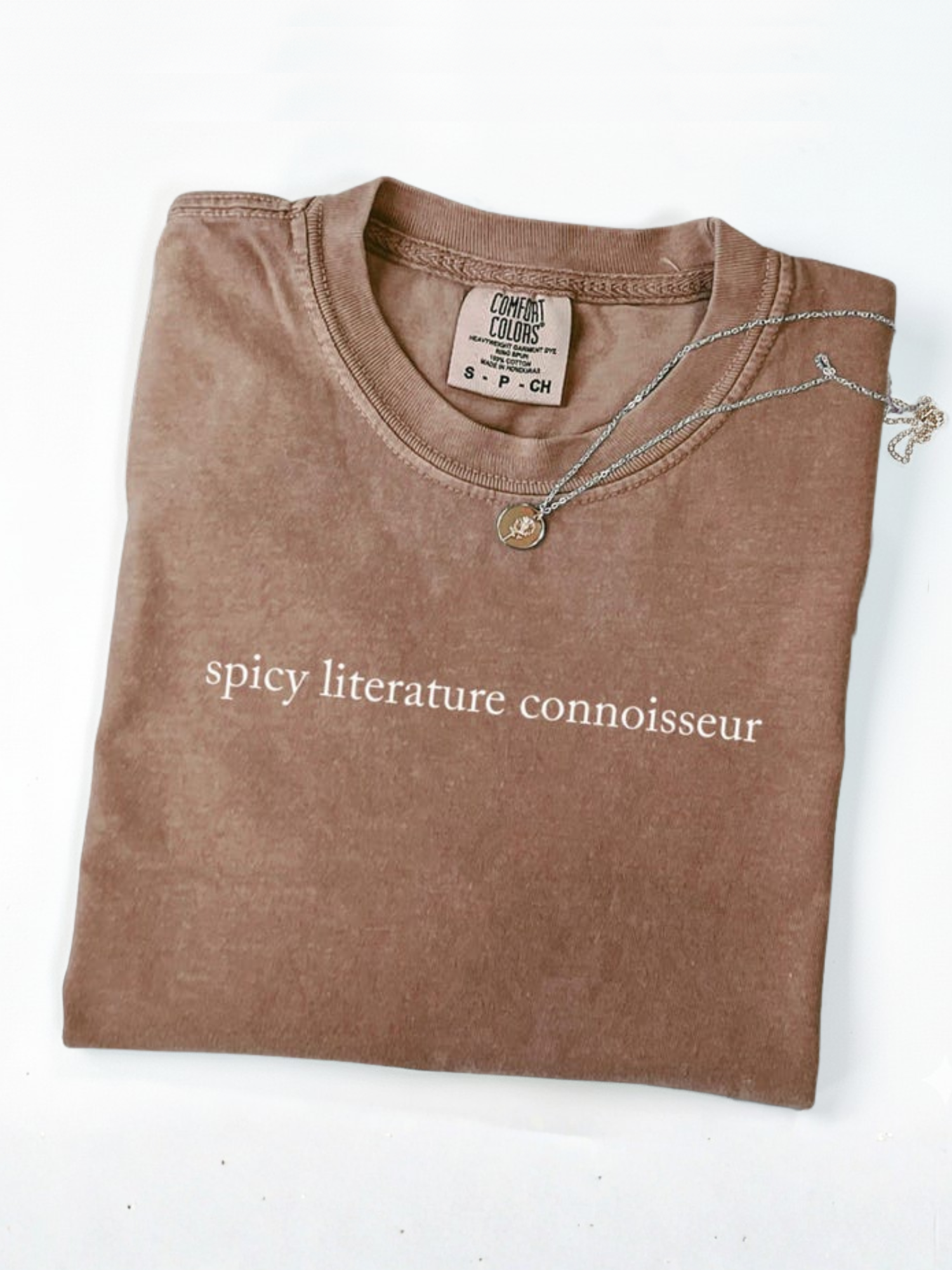 Folded espresso Comfort Colors shirt with spicy literature connoisseur text styled minimal flat lay