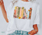 woman in white tee with custom bookshelf print featuring floral book stack and reader favorites
