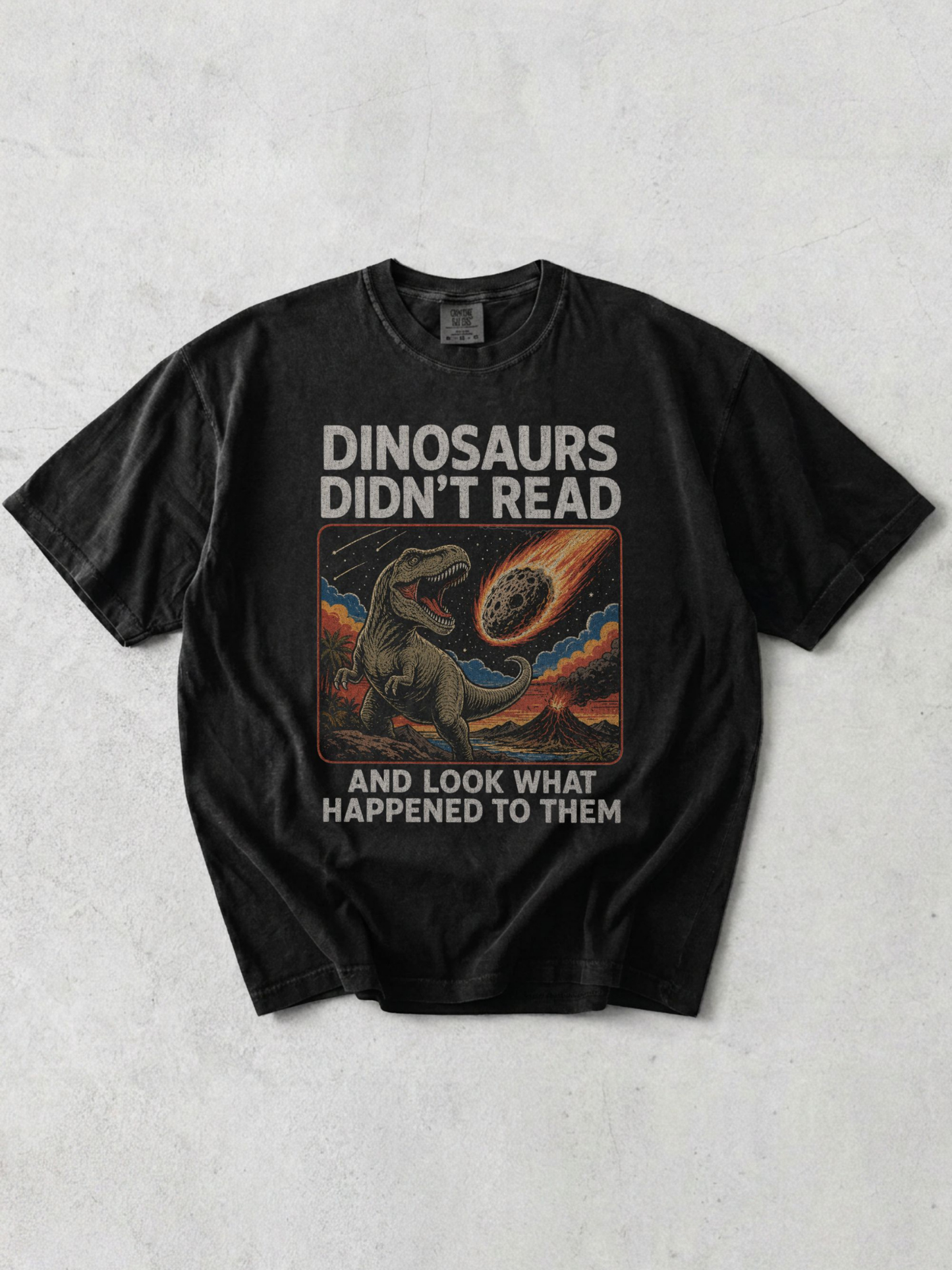 flay lay of a graphite tshirt with a retro graphic that says "dinosaurs didn't read and look what happened to them"
