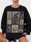 Woman wearing black sweatshirt with fantasy postage stamp collage featuring enemies to lovers text dragon moon books flowers and gothic fantasy castle artwork