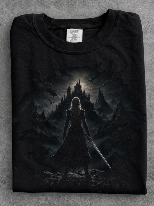 folded black comfort colors fantasy dragon castle shirt featuring dark gothic warrior and dragons artwork