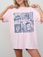 woman wearing oversized pink fully booked book lover t shirt with library card and reading themed illustrations casual outfit