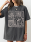 woman wearing pepper fully booked shirt with vintage style book lover illustrations including library card books and coffee cup