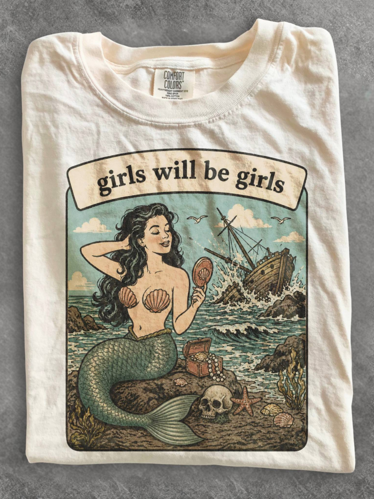 ivory comfort colors folded mermaid shirt with girls will be girls quote nautical ocean pirate ship and treasure graphic