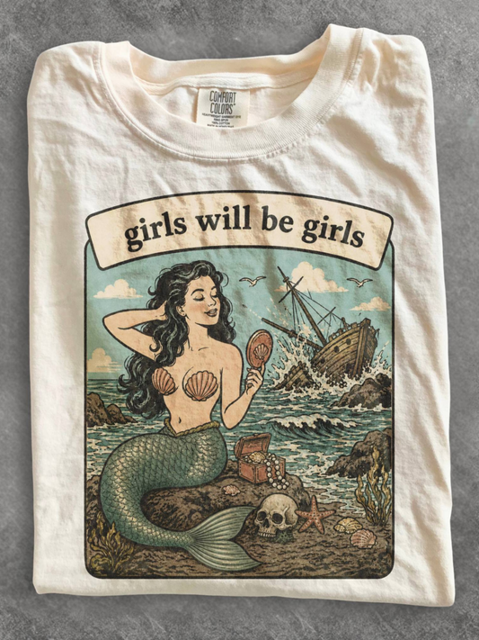 ivory comfort colors folded mermaid shirt with girls will be girls quote nautical ocean pirate ship and treasure graphic