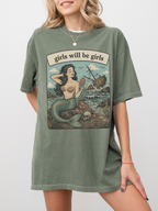 moss comfort colors vintage mermaid graphic tee with girls will be girls quote pirate ship and ocean artwork