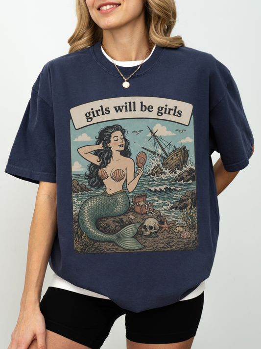 navy comfort colors oversized mermaid graphic shirt featuring girls will be girls quote and vintage ocean scene artwork