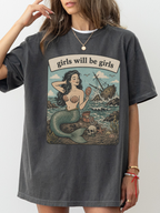 pepper comfort colors girls will be girls mermaid shirt with vintage pirate ship ocean treasure and skull graphic