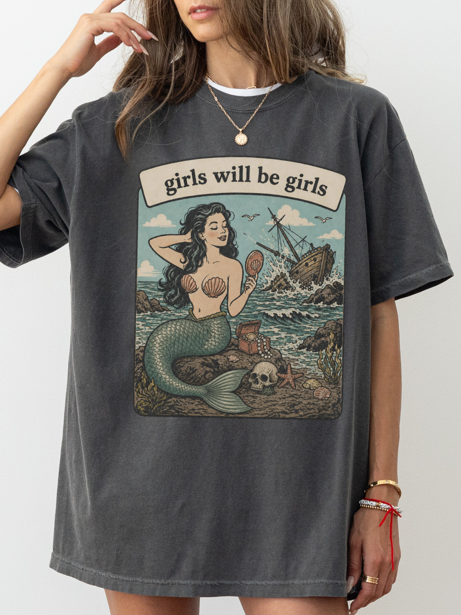 pepper comfort colors girls will be girls mermaid shirt with vintage pirate ship ocean treasure and skull graphic