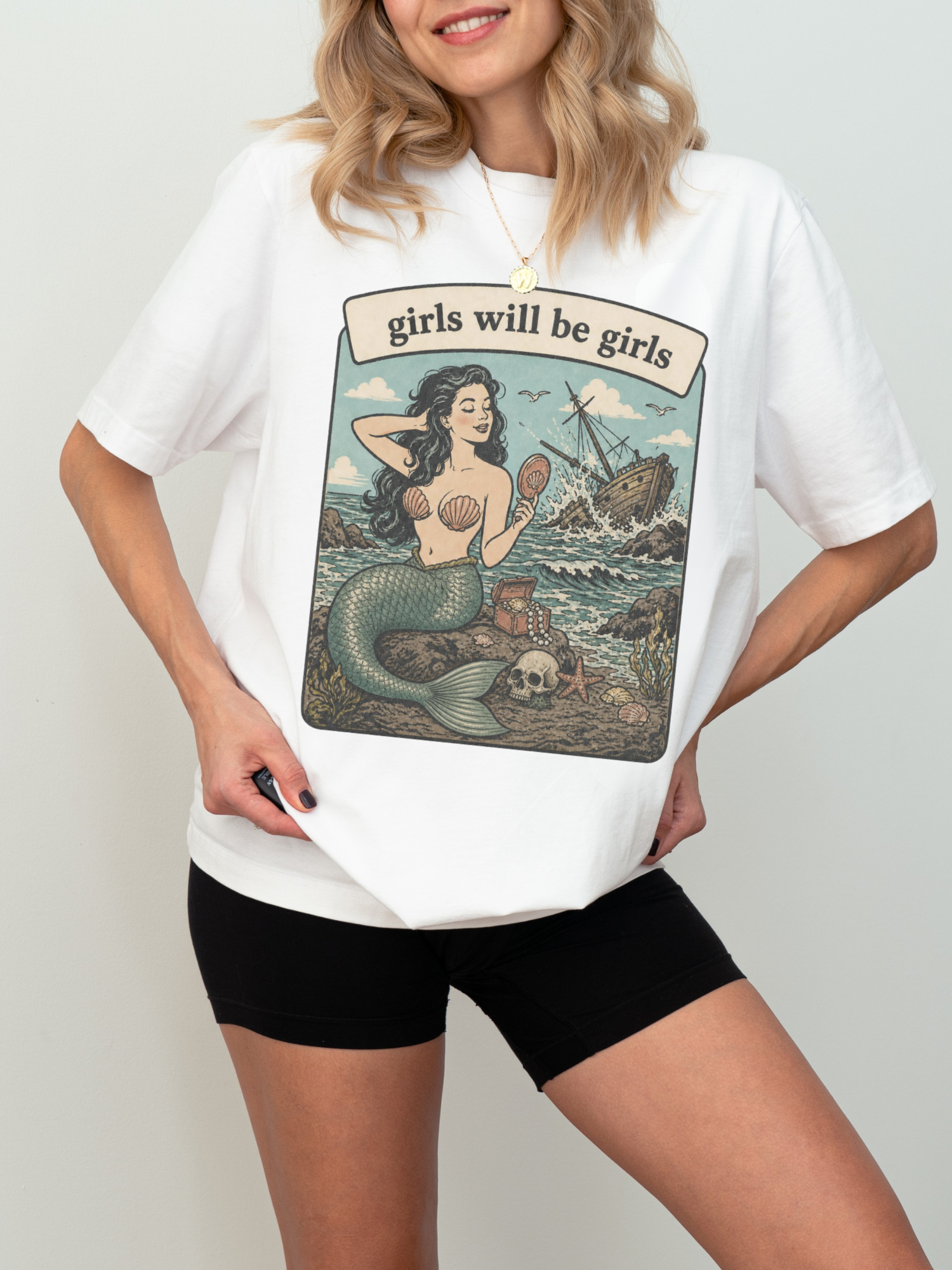 white comfort colors mermaid shirt with girls will be girls quote vintage nautical pirate ship and ocean treasure design