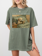 oversized moss t shirt on model featuring dog reading book graphic with ill be in my office text cozy book lover aesthetic casual outfit styling