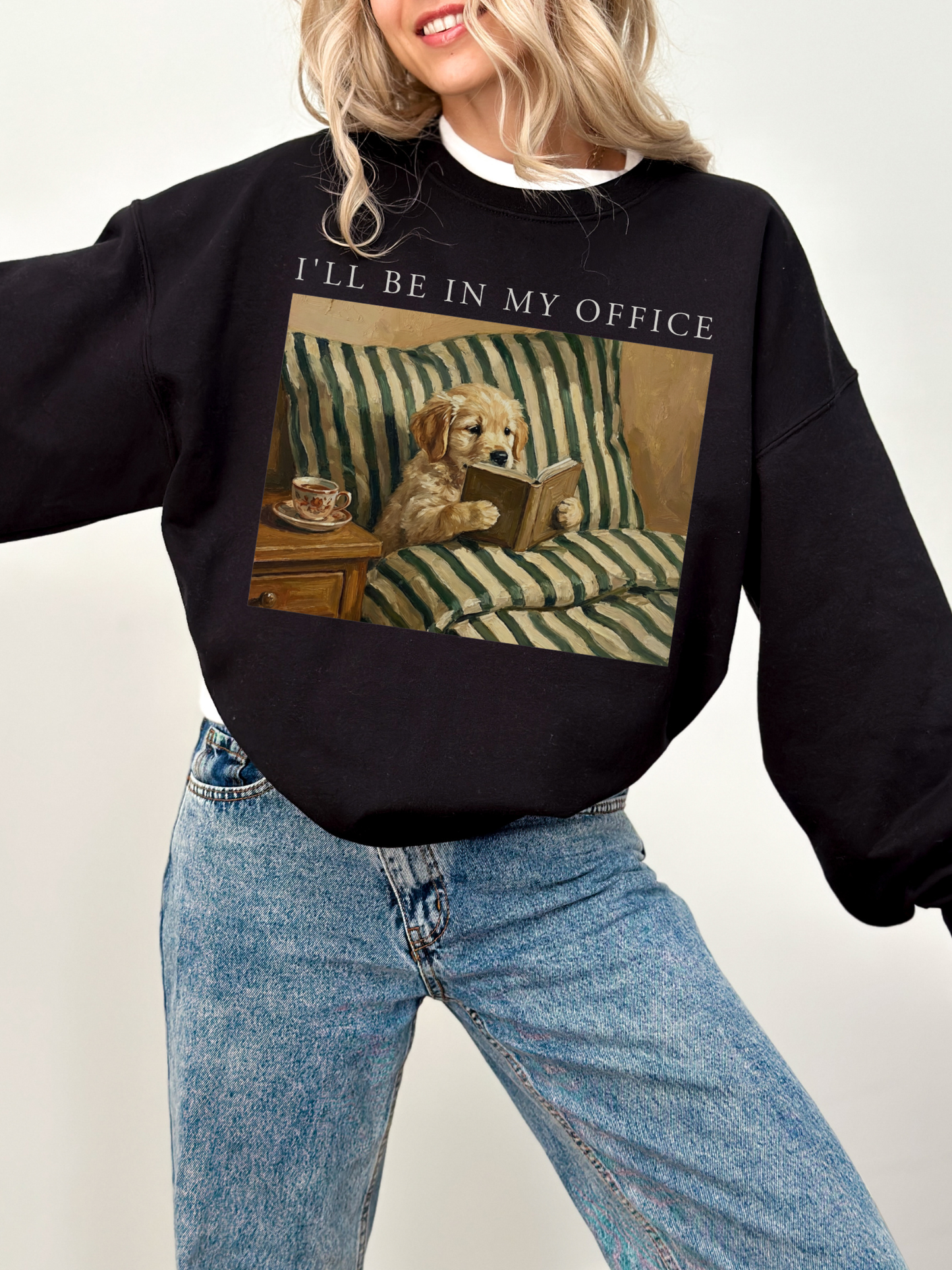 black oversized sweatshirt with dog reading book graphic and ill be in my office text cozy aesthetic casual book lover outfit