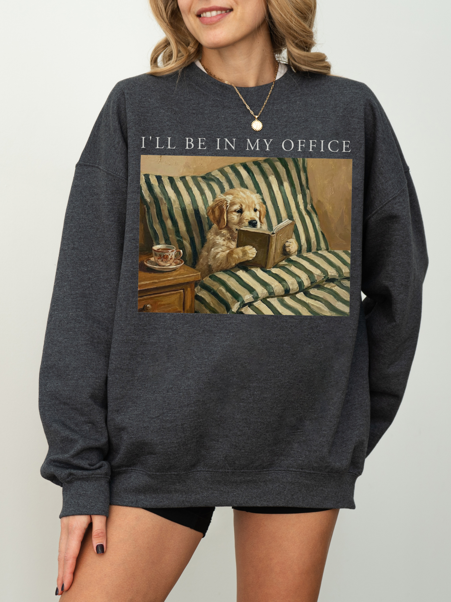 dark heather gray sweatshirt with vintage style dog reading book print cozy oversized bookish aesthetic casual fall outfit