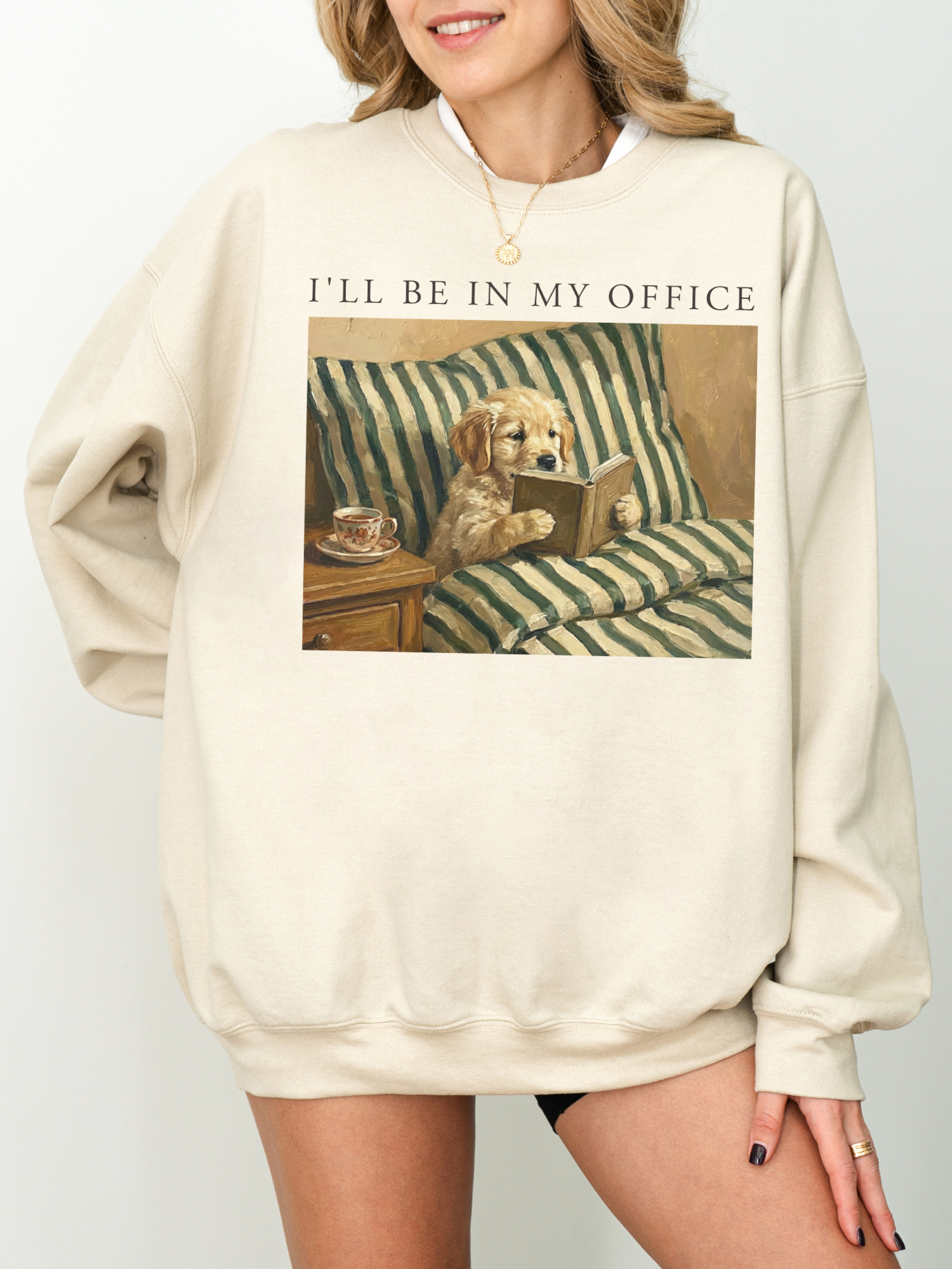 sand oversized sweatshirt with dog reading book artwork and ill be in my office quote cozy neutral aesthetic book lover apparel