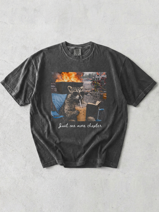 pepper comfort colors raccoon just one more chapter shirt with funny reading graphic iced coffee and fire background design