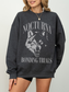 dark grey heather sweatshirt featuring Nocturna Bonding Trials wolf design for fantasy book lovers