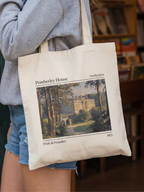 Canvas tote bag featuring a Pemberley House illustration inspired by Pride and Prejudice, showing a classic estate with trees and text details. The tote is worn in a cozy bookstore setting with shelves in the background, creating a literary aesthetic perfect for classic book lovers, readers, and fans of romantic novels.