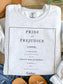 folded ash grey sweatshirt with black Pride and Prejudice title page design styled with jeans and sandals