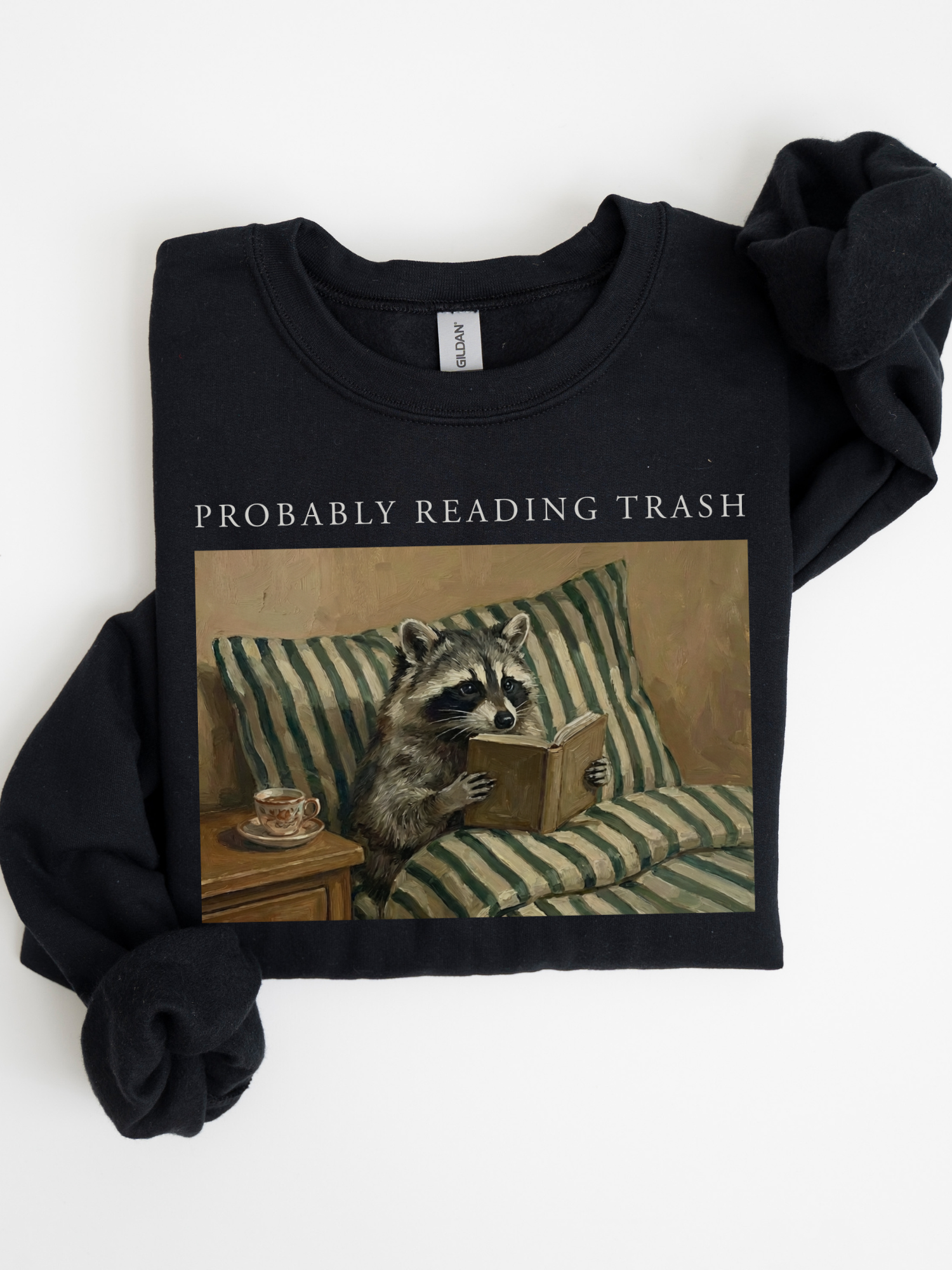folded black sweatshirt with probably reading trash text and vintage raccoon reading a book on couch illustration cozy book lover aesthetic