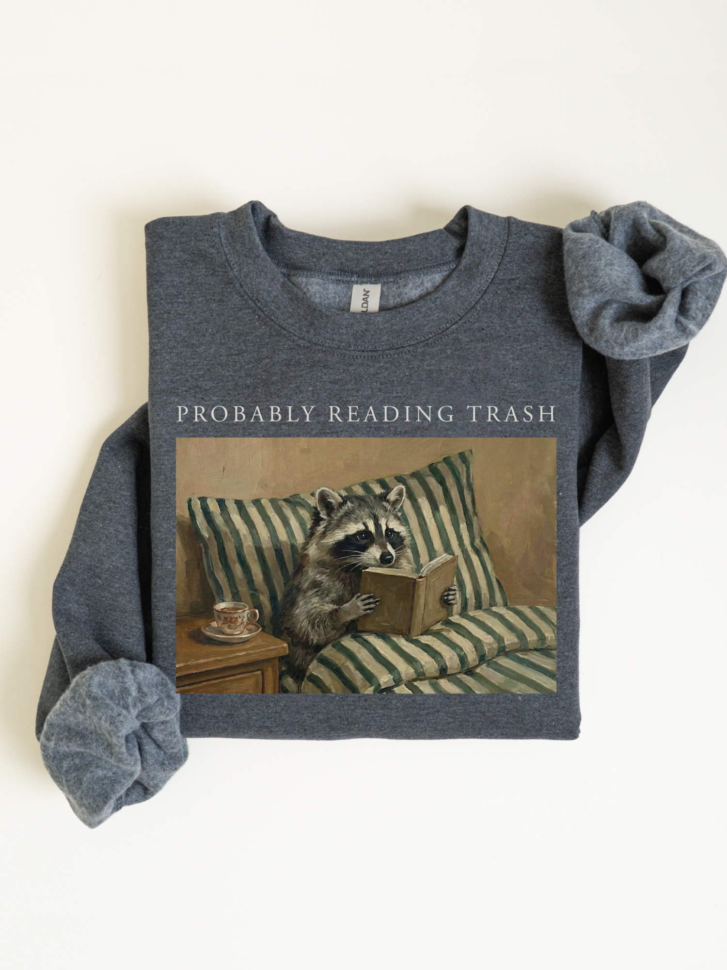 folded dark grey sweatshirt with probably reading trash raccoon reading book design minimal flatlay cozy reader aesthetic