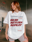 woman wearing a white Comfort Colors shirt featuring a vintage library card read return repeat design in an elevator setting, oversized reader graphic tee perfect for librarians bookworms and reading enthusiasts